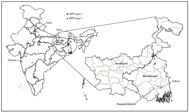 The figure shows wild poliovirus (WPV) cases (N = 43), by type in India and selected states during 2010 and 2011. During 2010, a total of 42 WPV cases (18 WPV1 and 24 WPV3) were reported in India in 17 districts in seven states.